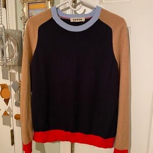 Boden Meg Saddle Sleeve Sweater Blue/Brown/Red Size M Cotton & Cashmere